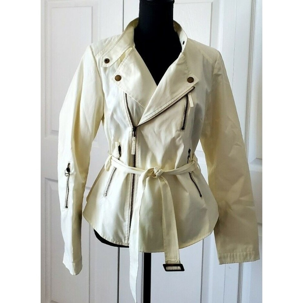 Green with Envy Women's Lined Zip Up Short Trench Raincoat Yellow Belted Size M